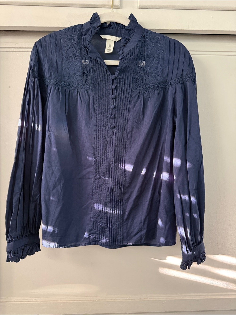 H&M Navy Ruffle Pintuck Lace-Trim Blouse